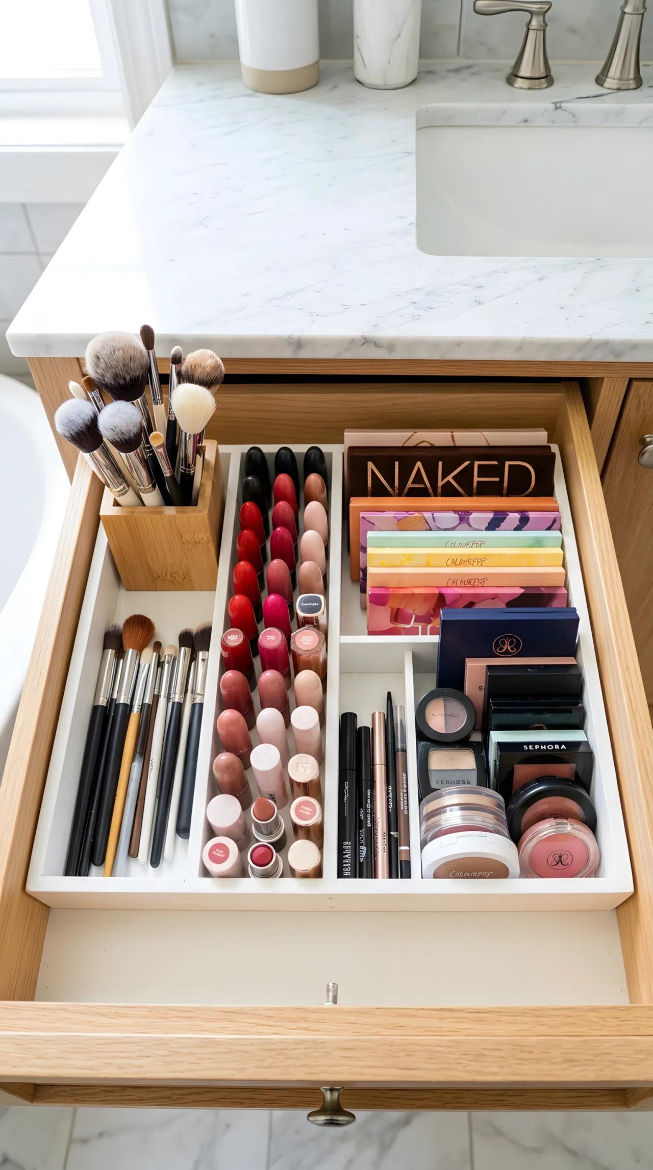 Overhead view of a bathroom drawer with a repurposed cutlery tray neatly sorting makeup brushes, lipsticks, and palettes, organized, clean, beautifully arranged, bright natural light, real-life photography, vibrant colors.