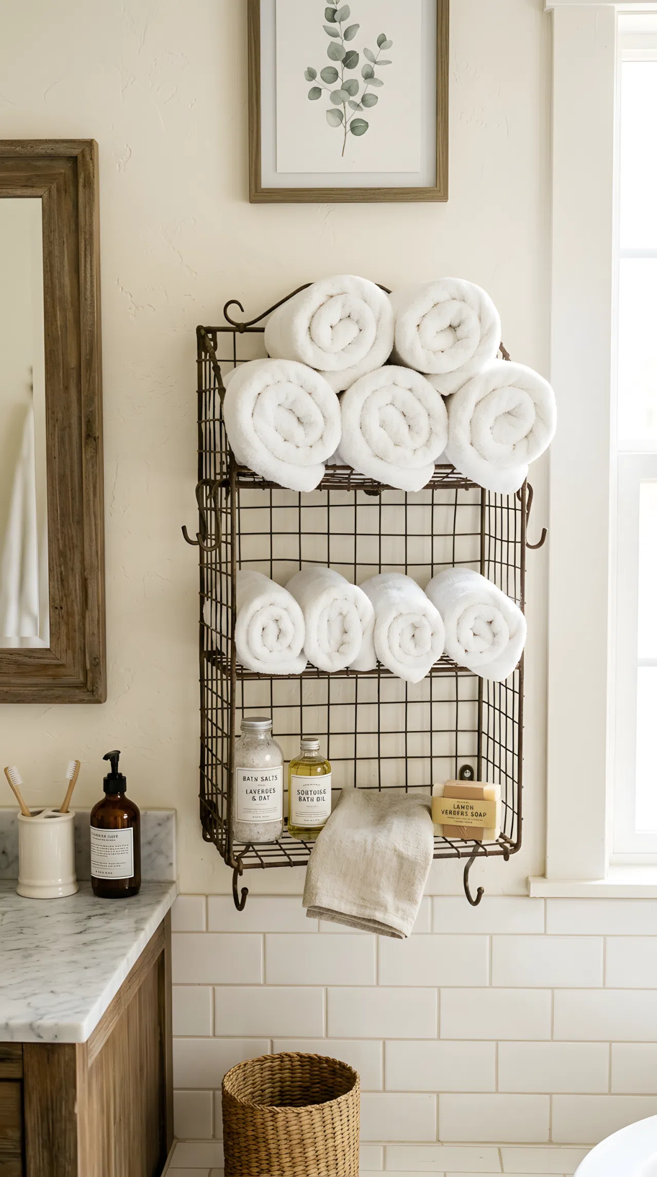 A vintage-style wire basket shelf mounted on a bathroom wall, holding neatly rolled white towels, beautifully arranged, organized, clean, bright natural light, real-life photography, vibrant colors, Pinterest-ready styling.