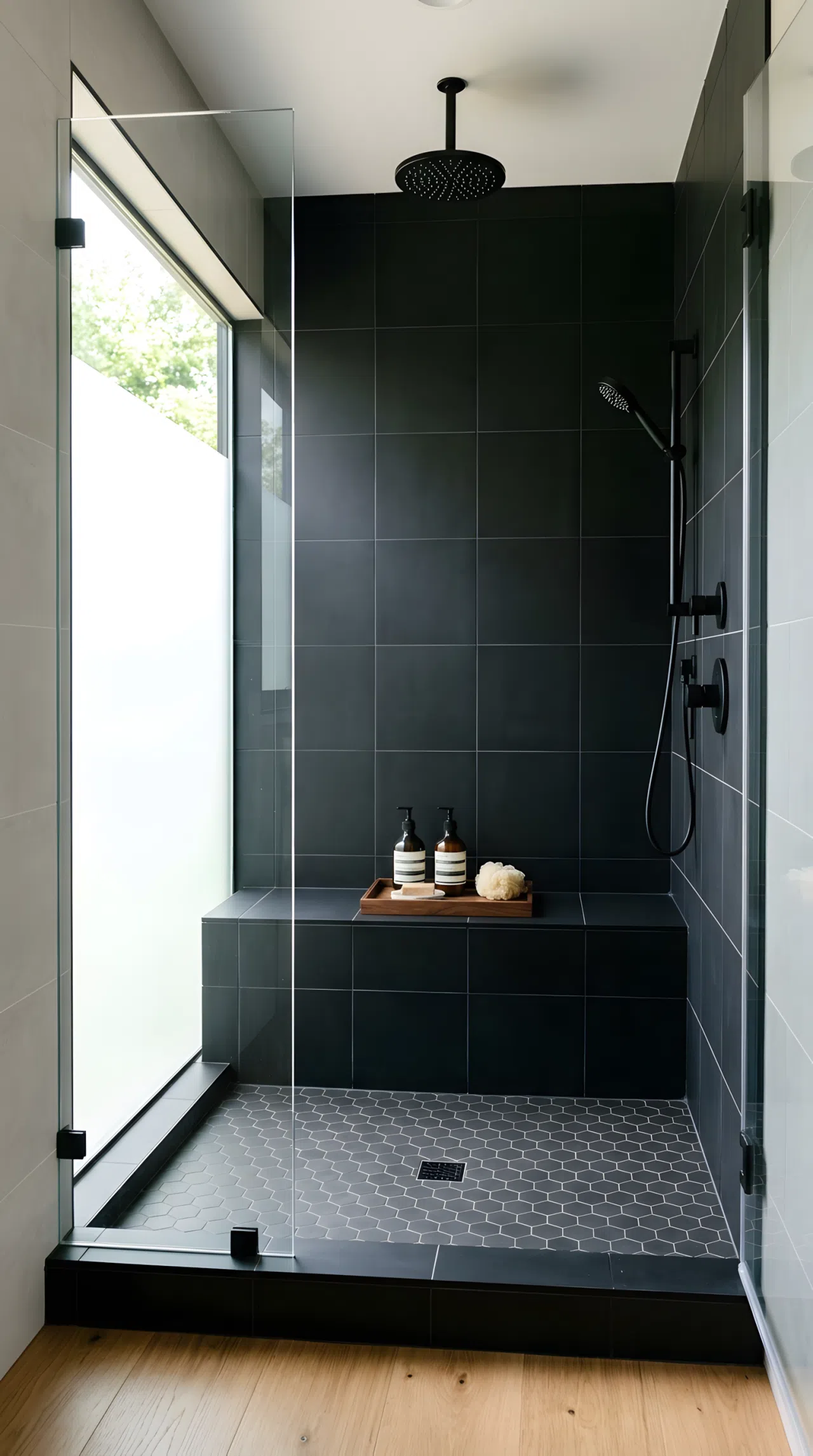 Real-life photograph of a walk-in shower with a built-in black tile bench (RGB 18,18,18), small wood tray on top holding shampoo bottles, neatly organized and clean, bright natural light filtering through frosted glass, vibrant black and wood contrast, photographic stock photo style, no illustration.