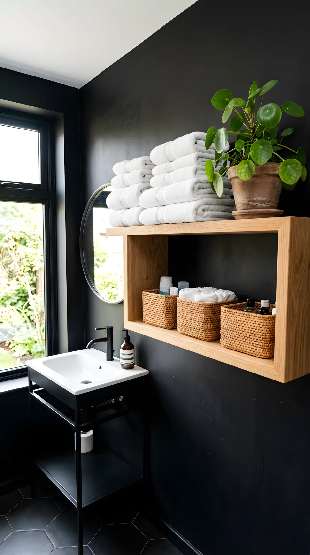 Real-life photograph of a black bathroom wall with open wood shelving, woven baskets on the lower shelf, folded white towels neatly stacked on top, small potted plant, organized and clean styling, bright natural light from a nearby window, vibrant green plant against black backdrop, photographic stock photo style, no illustration.