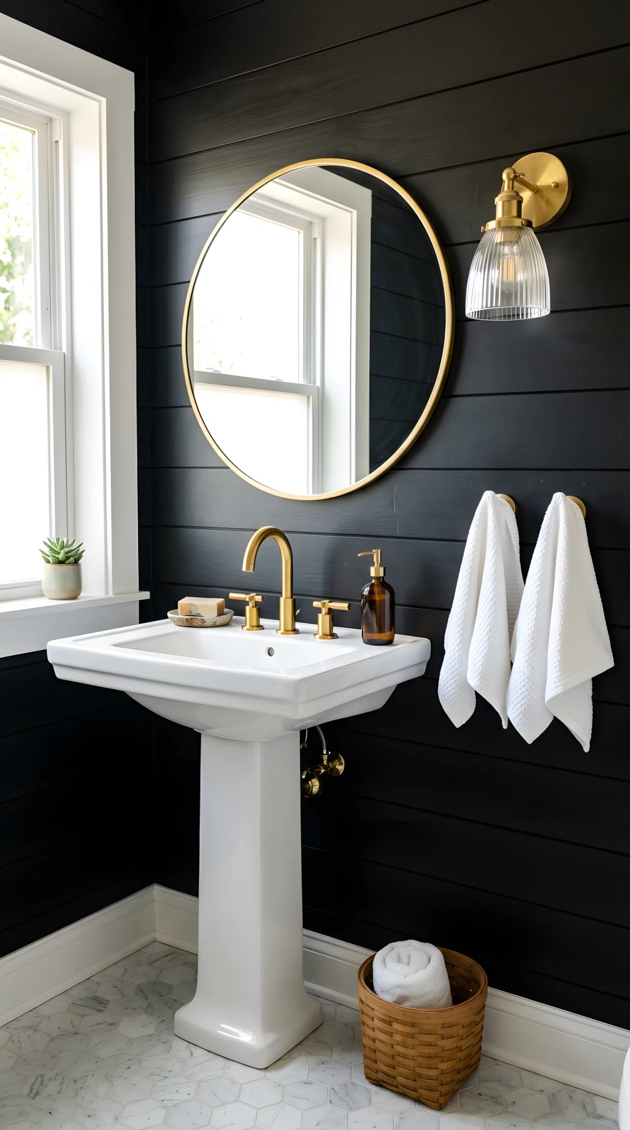 Real-life photograph of a bathroom with black shiplap wall paneling (RGB 24,24,24), white pedestal sink, brass sconce mounted beside a round mirror, neatly folded towels on a hook, organized and clean, bright natural light streaming in, vibrant brass fixture against black wood, photographic stock photo style, no illustration.