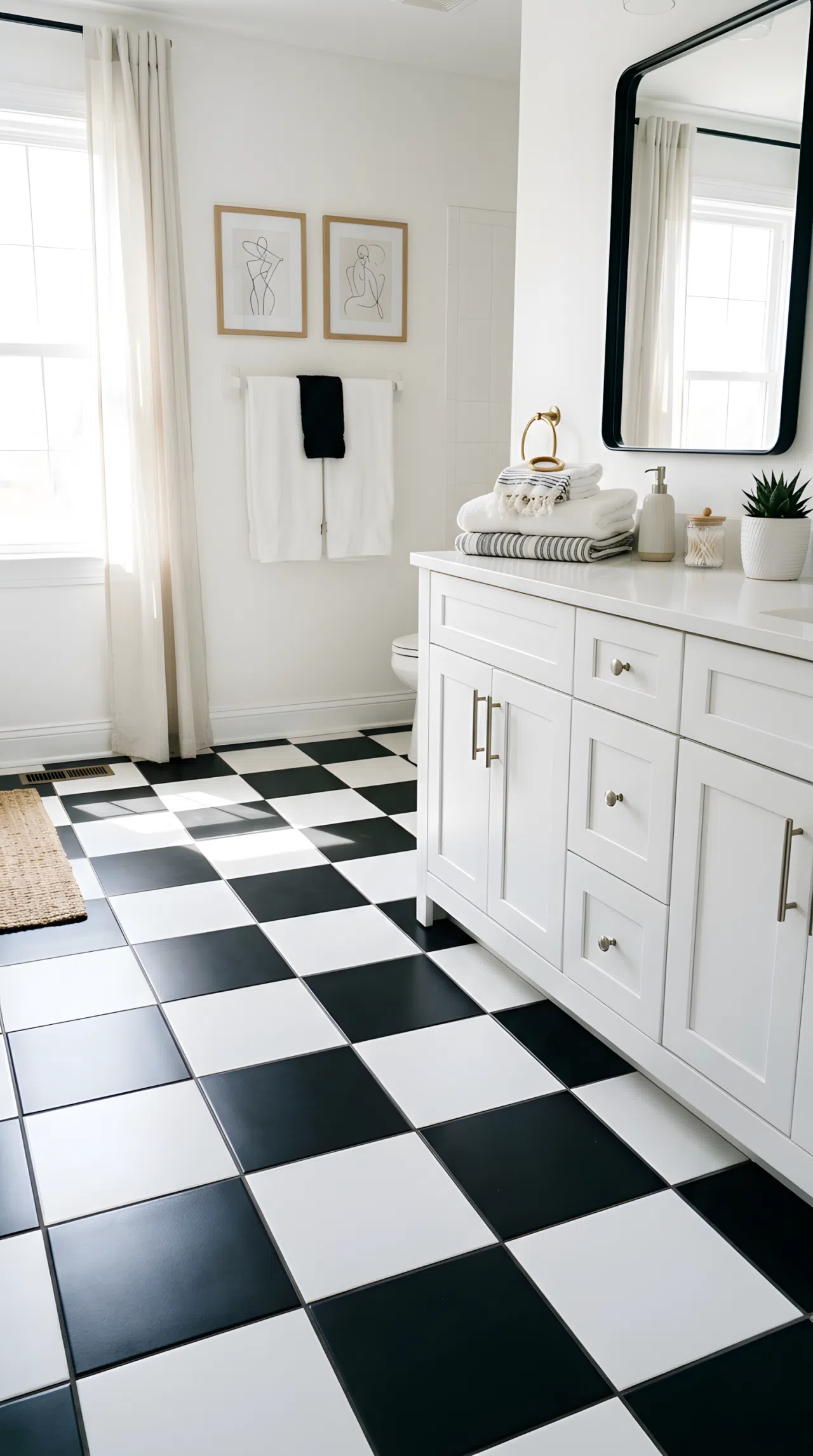 Real-life photograph of a bathroom floor with large black and white checkerboard tile pattern, white vanity and walls, neatly organized towels and small decor, bright natural light falling across the floor pattern, vibrant black and white contrast, photographic stock photo style, no illustration.