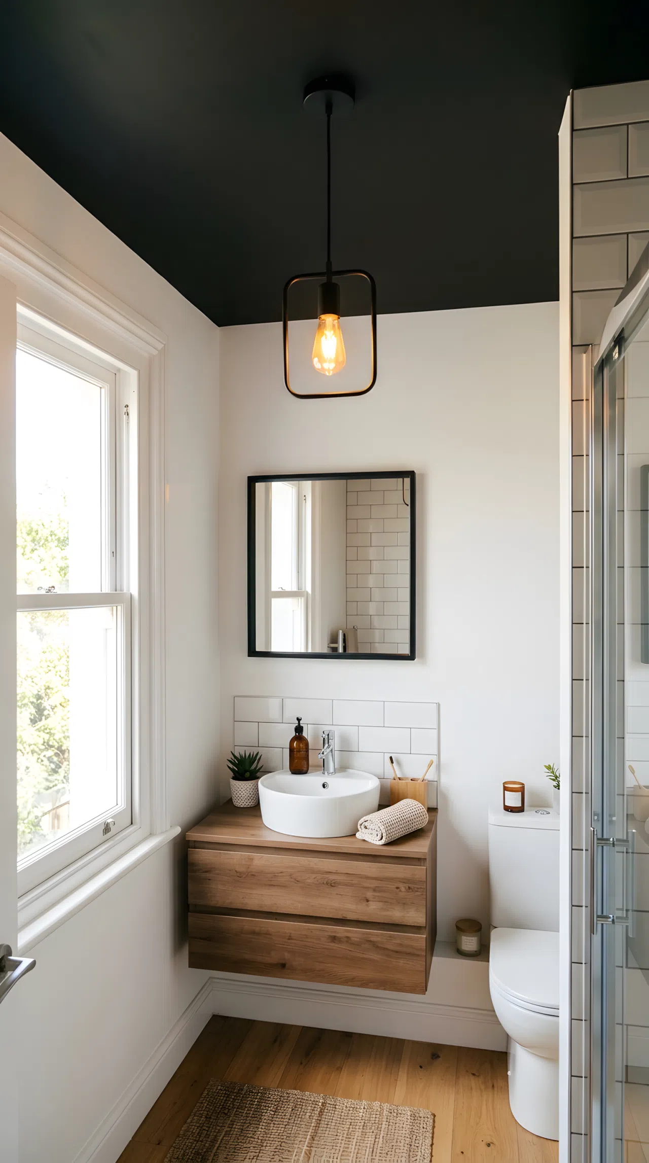 Real-life photograph of a small bathroom with a matte black painted ceiling (RGB 15,15,15), single warm pendant light fixture centered overhead casting light downward, white walls below, neatly organized vanity, bright natural light from a window, vibrant warm glow from the pendant against the dark ceiling, photographic stock photo style, no illustration.