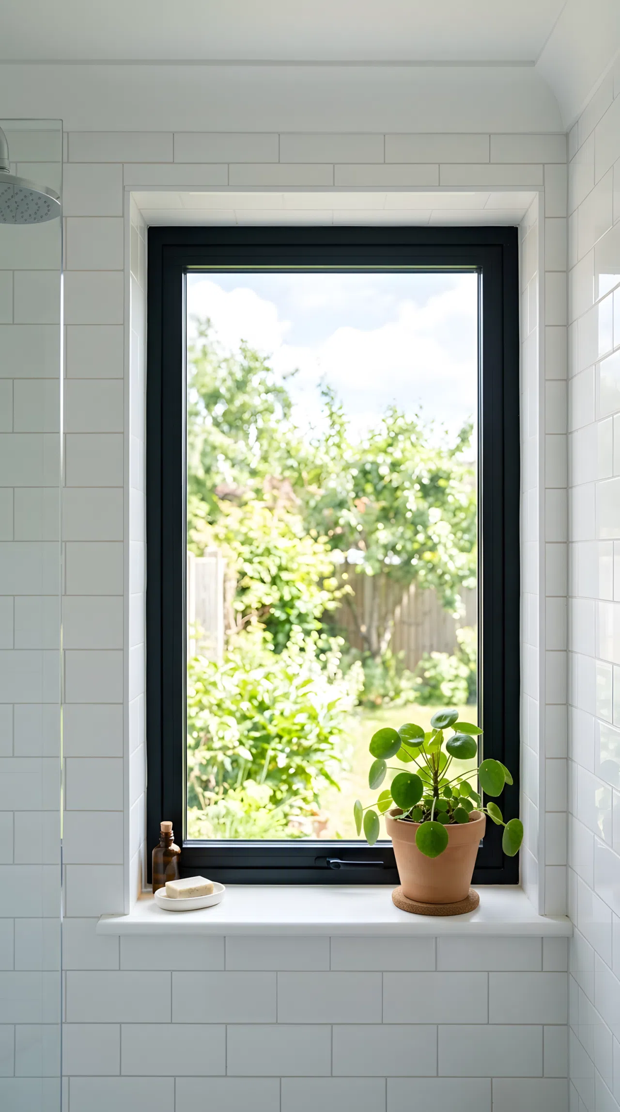 Real-life photograph of a bathroom window with a matte black frame (RGB 20,20,20), white wall surrounding it, small potted plant on the windowsill, neatly organized and clean styling, bright natural light pouring through the window, vibrant green plant against the black frame, photographic stock photo style, no illustration.