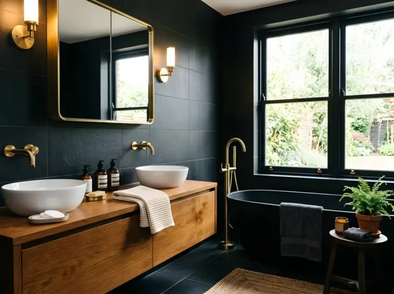 Real-life photograph of a black bathroom interior, matte black tile walls (RGB 20,20,20) paired with warm wood vanity and brass fixtures, freestanding black bathtub near a window, neatly made towels, beautifully arranged toiletries, organized and clean styling, bright natural light streaming through a large window mixing with warm brass sconce glow, small green plant accent, vibrant warm tones against the black backdrop, Pinterest-ready composition, photographic stock photo style, no illustration, no 3D render.