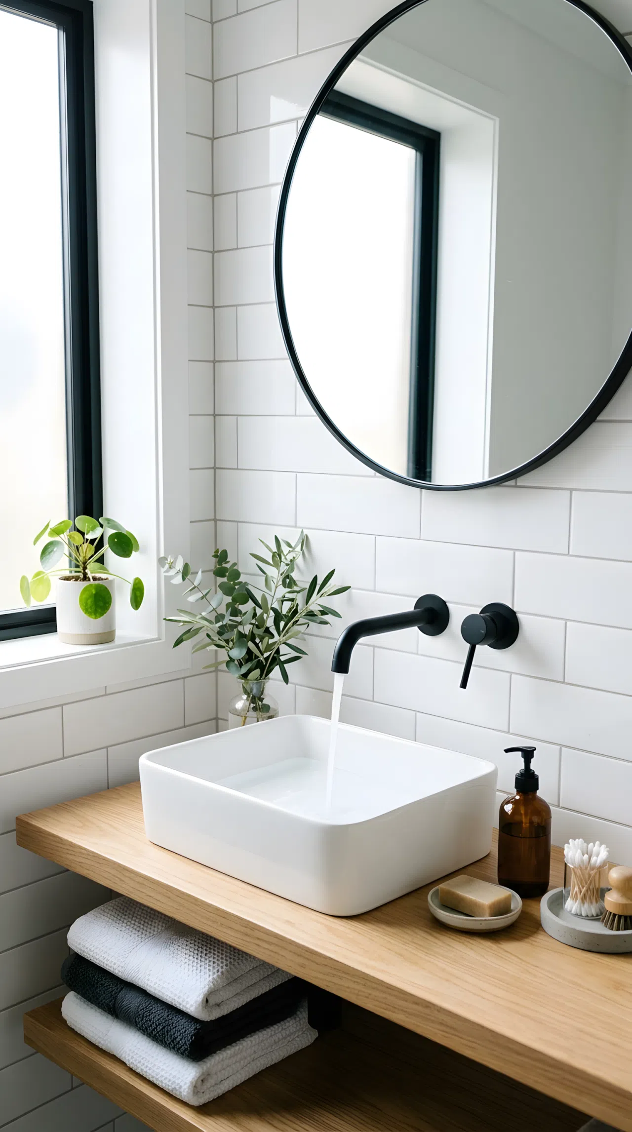 Real-life photograph of a bathroom sink with a matte black wall-mounted faucet (RGB 20,20,20) against white subway tile, neatly arranged folded towels, organized countertop with a small vase, bright natural light from a window, vibrant white and black contrast, photographic stock photo style, no illustration.