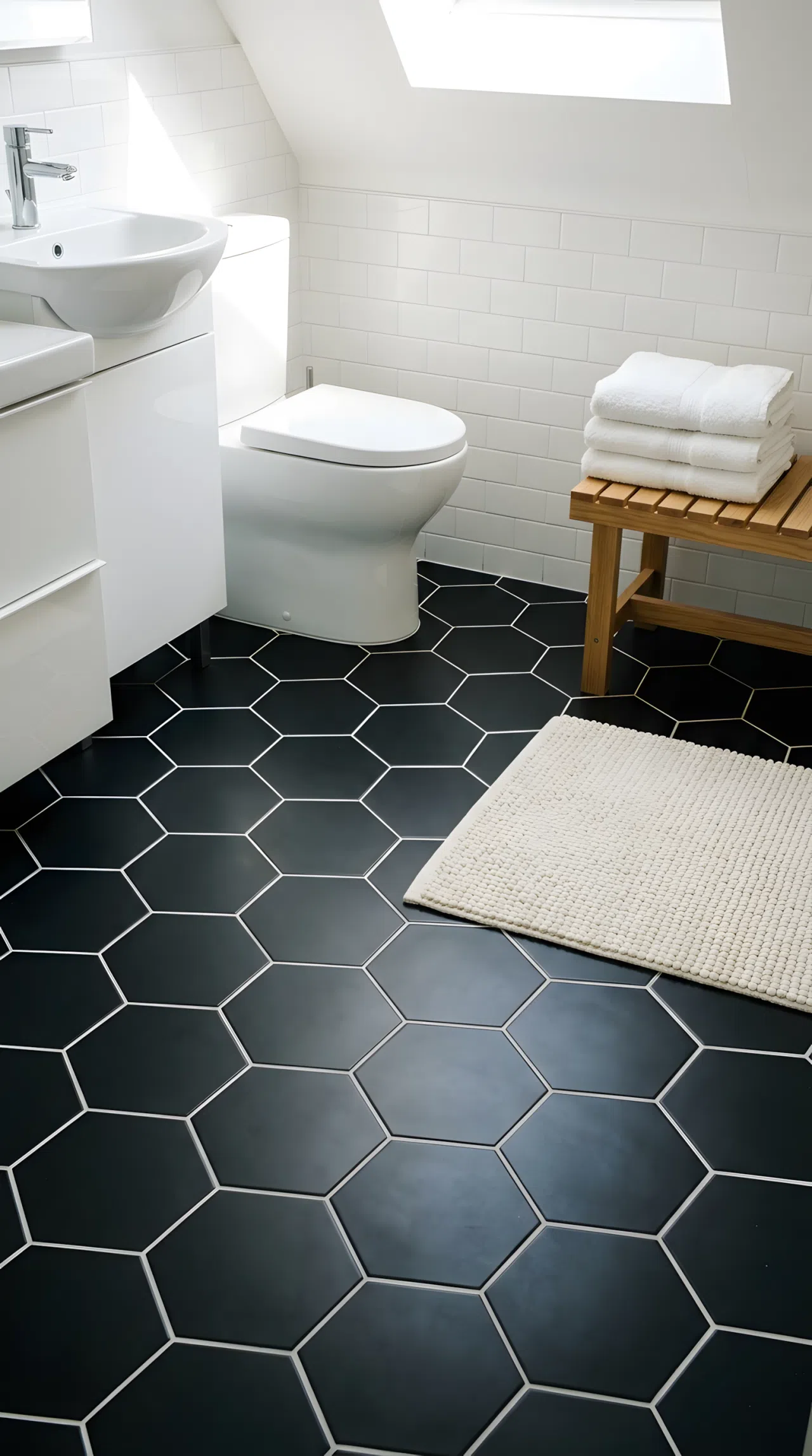 Real-life photograph of a bathroom floor with black hexagon tile (RGB 15,15,15) and white grout, clean lines, neatly organized bath mat and folded towels nearby, bright natural light from above, vibrant white fixtures for contrast, photographic stock photo style, no illustration.