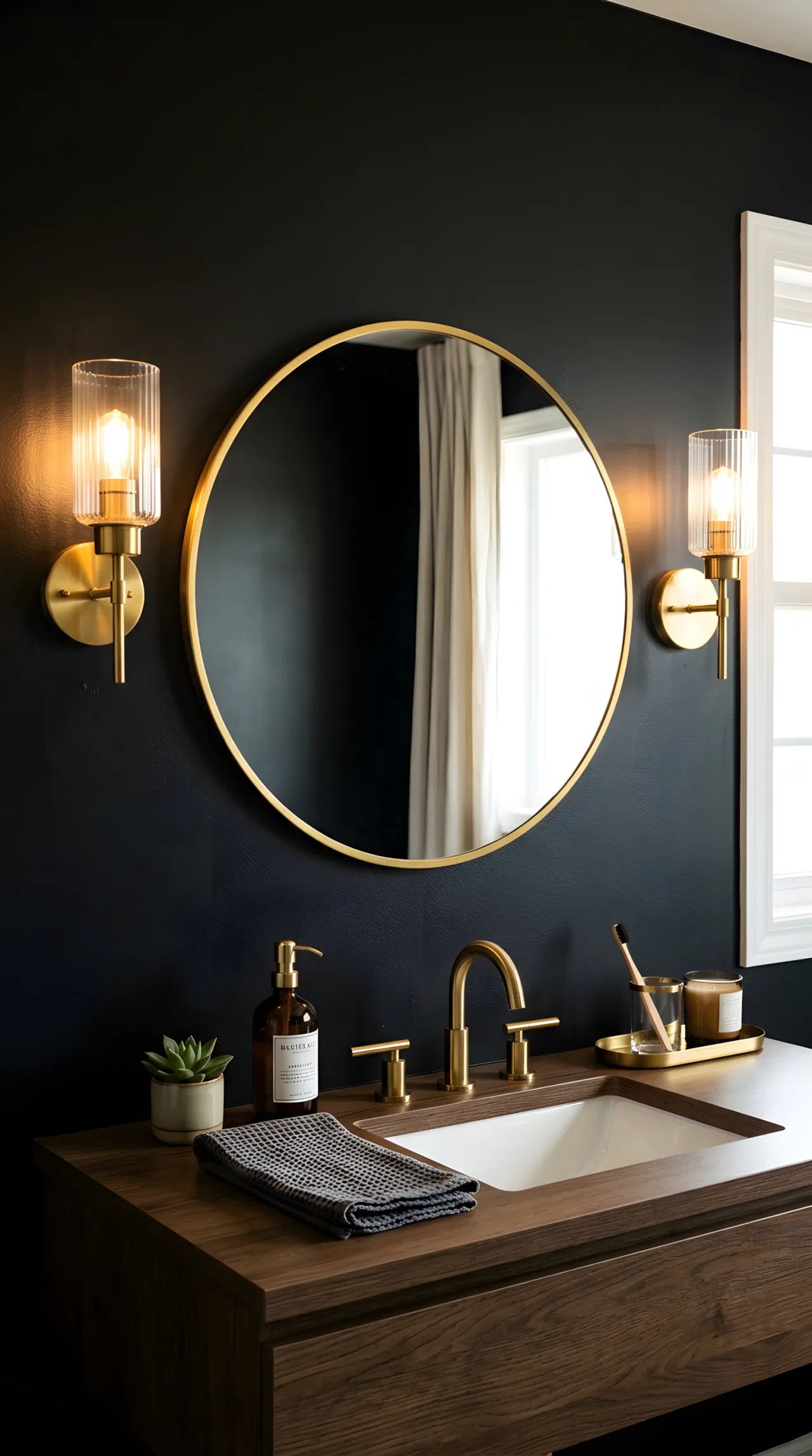 Real-life photograph of a black bathroom wall with two warm brass sconces mounted at eye level on either side of a round mirror, light positioned to shine directly across the face area avoiding shadows from above, neatly organized counter below, bright natural light mixing with warm sconce glow, vibrant brass tone, photographic stock photo style, no illustration.