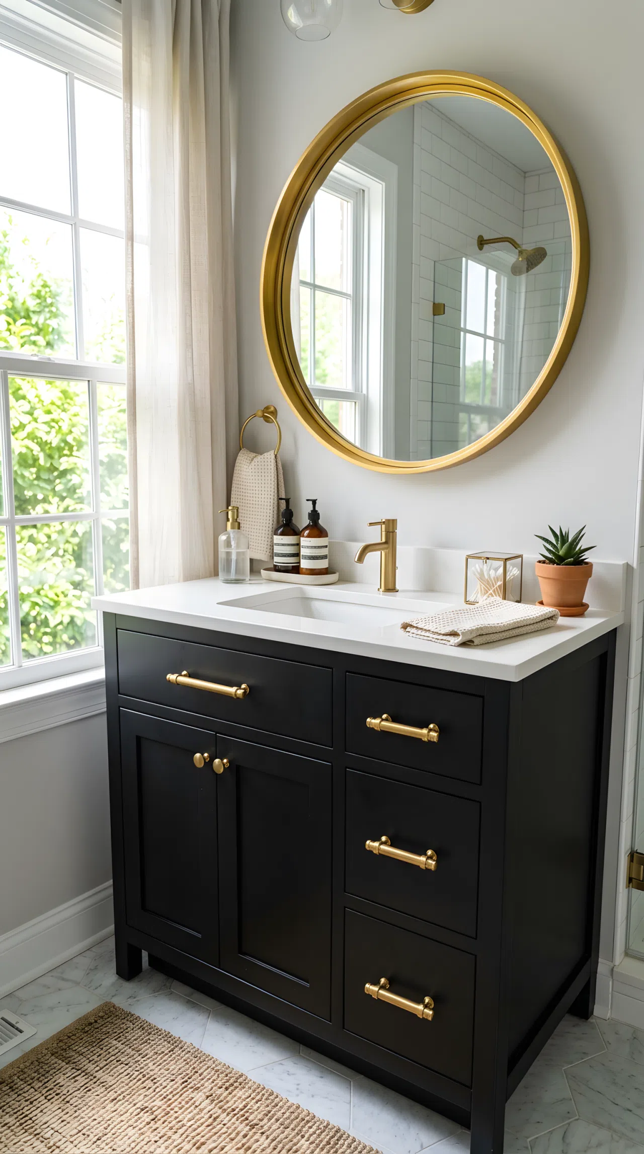 Real-life photograph of a bathroom vanity in matte black (RGB 18,18,18) with brass drawer pulls and a brass-framed round mirror, white countertop, neatly arranged toiletries, organized and clean styling, bright natural light from a window, vibrant brass accents catching the light, photographic stock photo style, no illustration.