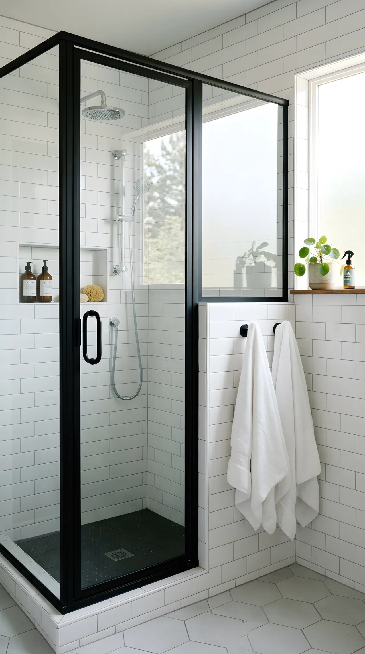 Real-life photograph of a bathroom shower with a black-framed glass door (RGB 22,22,22) against white subway tile, neatly folded towels on a nearby hook, clean and organized styling, bright natural light streaming through the glass, vibrant white and black contrast, photographic stock photo style, no illustration.
