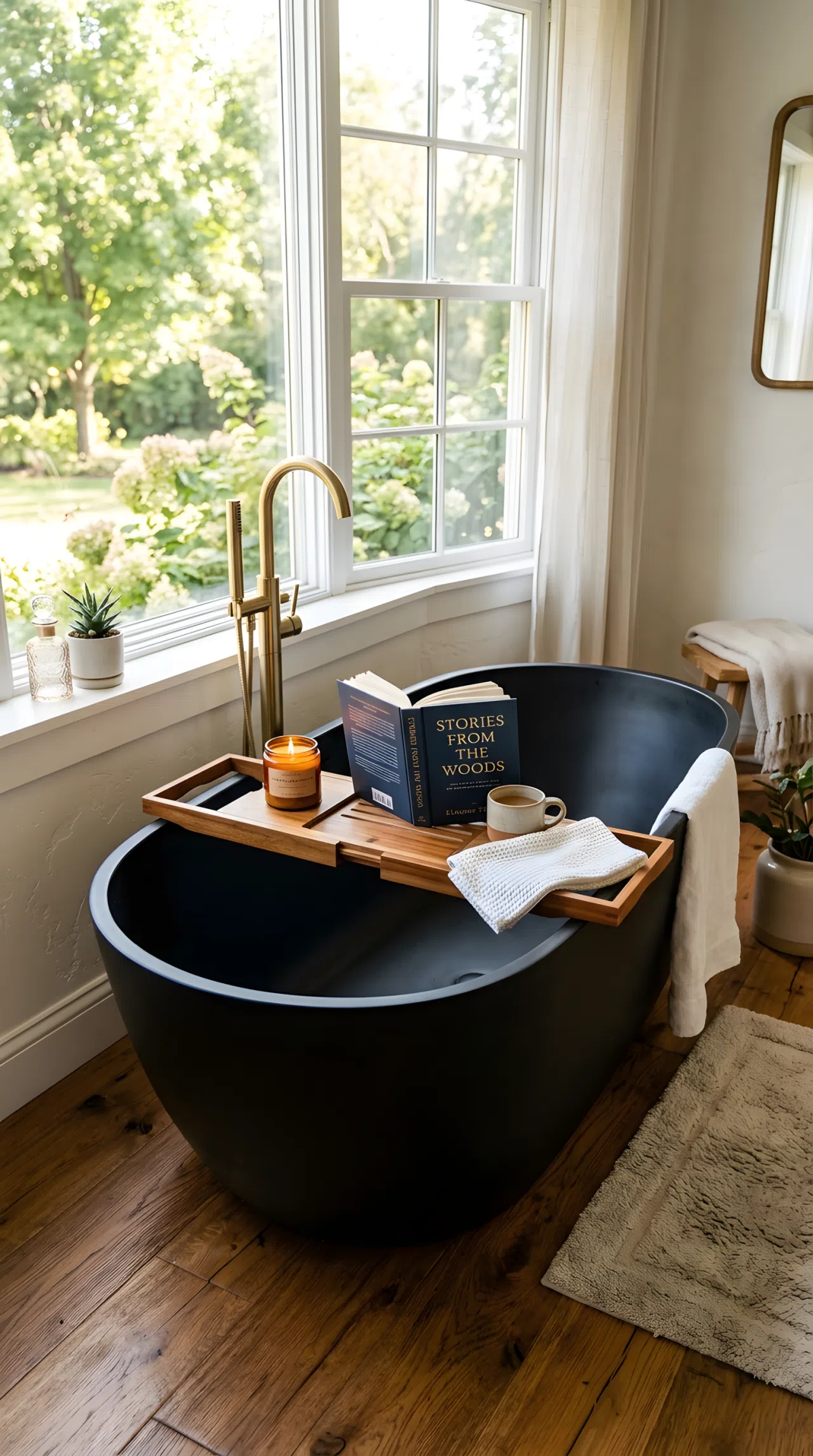 Real-life photograph of a freestanding matte black bathtub (RGB 20,20,20) near a window, wood tray across the rim holding a candle and a book, neatly arranged and organized, bright natural light falling across the tub, vibrant warm wood tones, photographic stock photo style, no illustration.
