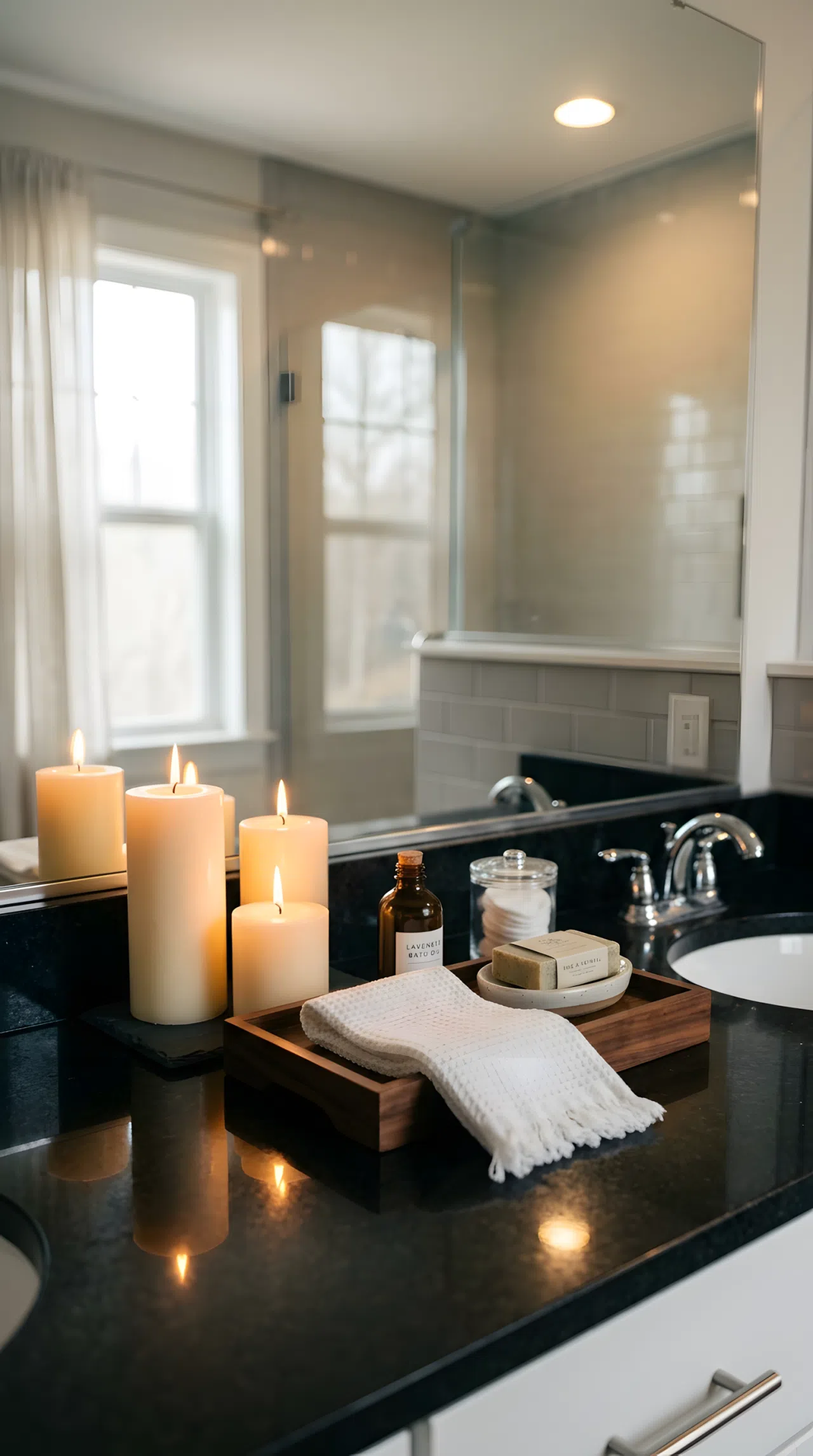 Real-life photograph of a black bathroom counter with three candles of varying heights placed low near a mirror, light positioned to glow softly across the counter surface, neatly arranged with a small tray, organized and clean, warm ambient light mixing with hints of natural light, vibrant candle flame glow, photographic stock photo style, no illustration.
