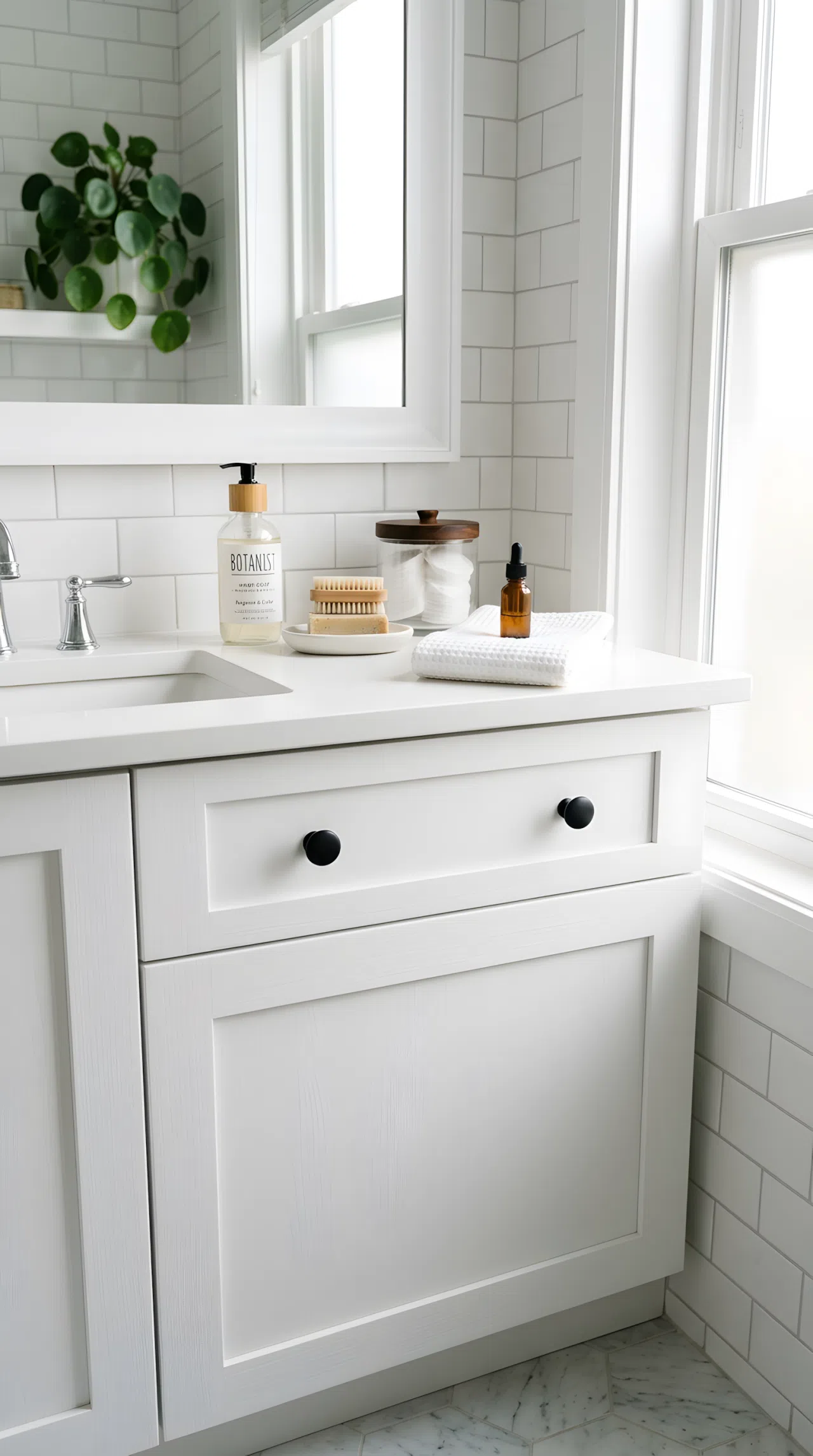 Real-life photograph of a white bathroom cabinet drawer with small matte black knobs (RGB 25,25,25), neatly organized counter beside it, clean and simple styling, bright natural light from a window, vibrant white cabinet with black hardware contrast, photographic stock photo style, no illustration.