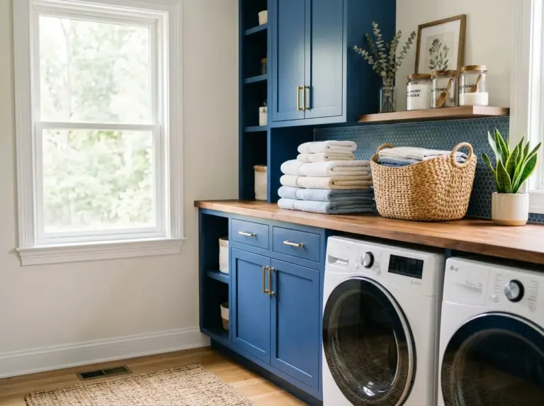 A bright, inviting laundry room styled entirely in a blue color palette (#3D5A9C), featuring blue cabinetry, a folding counter with neatly stacked folded towels, a woven basket, and a small potted plant, soft natural light pouring in through a nearby window, neatly made, beautifully arranged, organized, clean, real-life candid photography, not a 3D render or illustration, vibrant color tones, wide horizontal composition suitable for a featured image, Pinterest-style stock photo