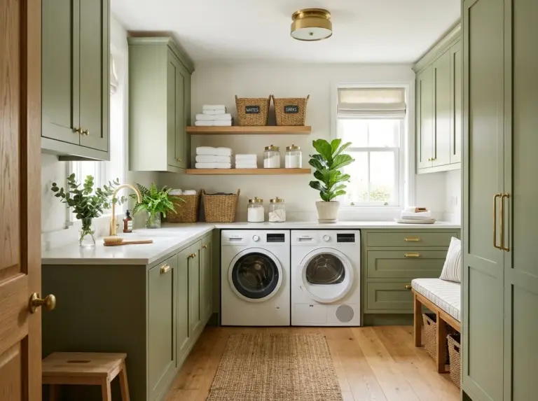 Real-life photograph of a complete home laundry room designed around a cohesive green color palette, sage green cabinetry (#9CAF88) paired with brass hardware, open wood shelving neatly styled with folded white towels and woven baskets, a clean white countertop, a potted plant on top, soft natural light pouring in through a nearby window and highlighting the space, beautifully arranged and organized, vibrant fresh green tones throughout, wide-angle composition showing the full room, shot in stock-photography style, no illustration, no 3D render, no text overlay.