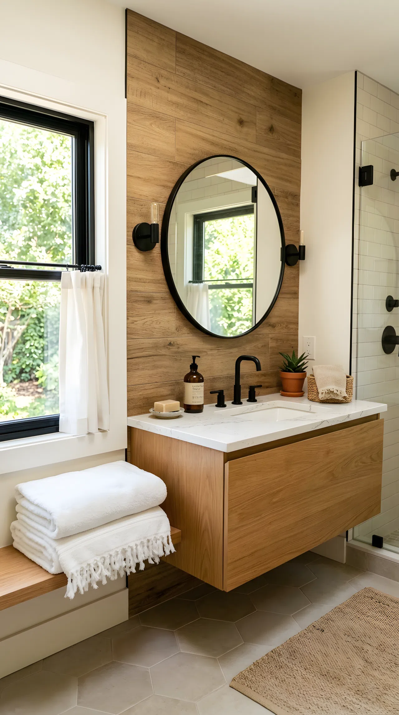 A cozy bathroom with a wood-look tile accent wall behind a floating vanity, matte black faucet, neatly made towels, beautifully arranged stone countertop, organized clean layout, bright natural light streaming through a window, real-life photography style, vibrant warm tones.