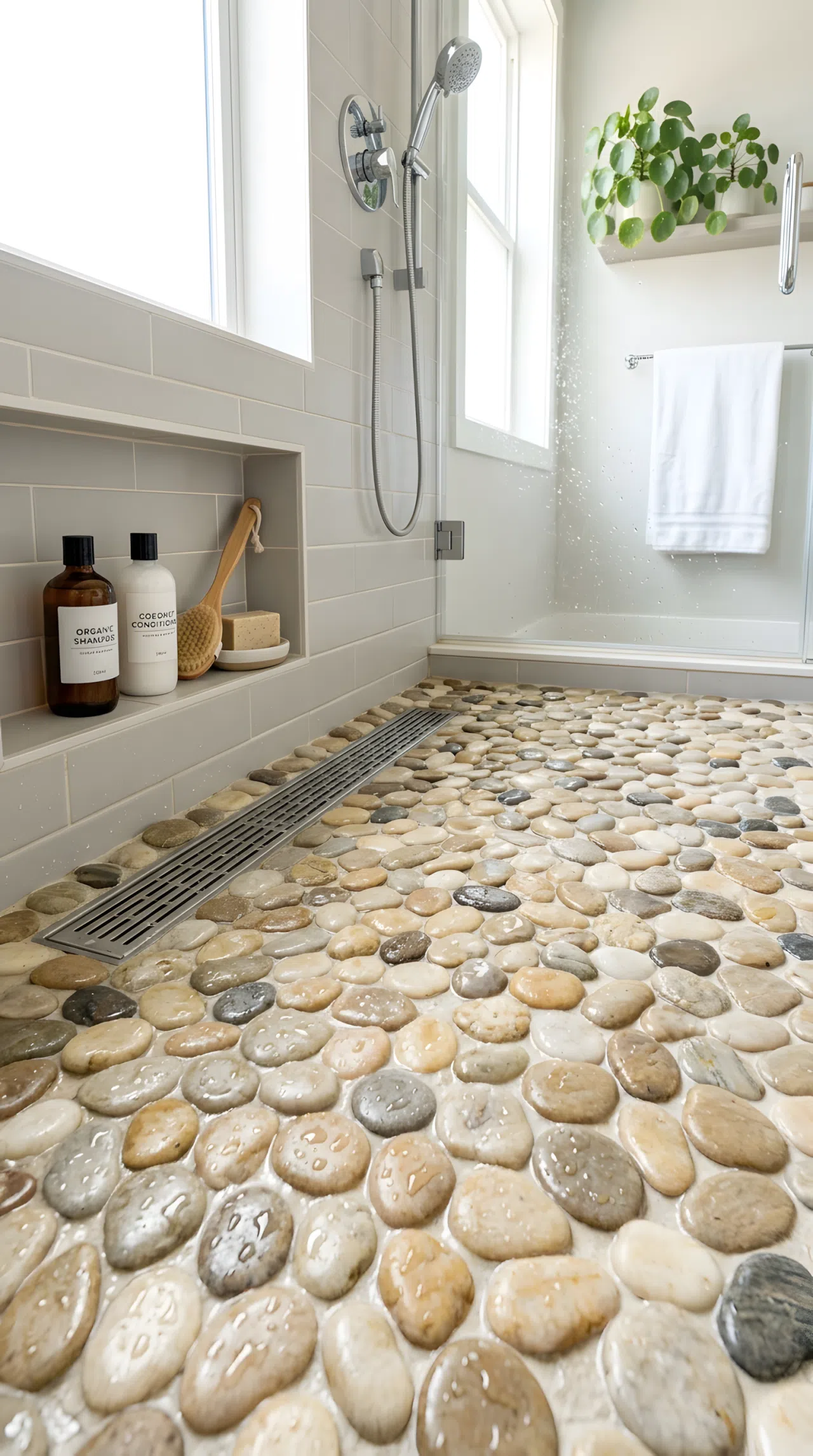 A shower floor covered in smooth rounded natural pebble stones in warm neutral tones, clean water droplets, organized clean shower space, beautifully arranged, bright natural light, real-life photography, vibrant natural tones.