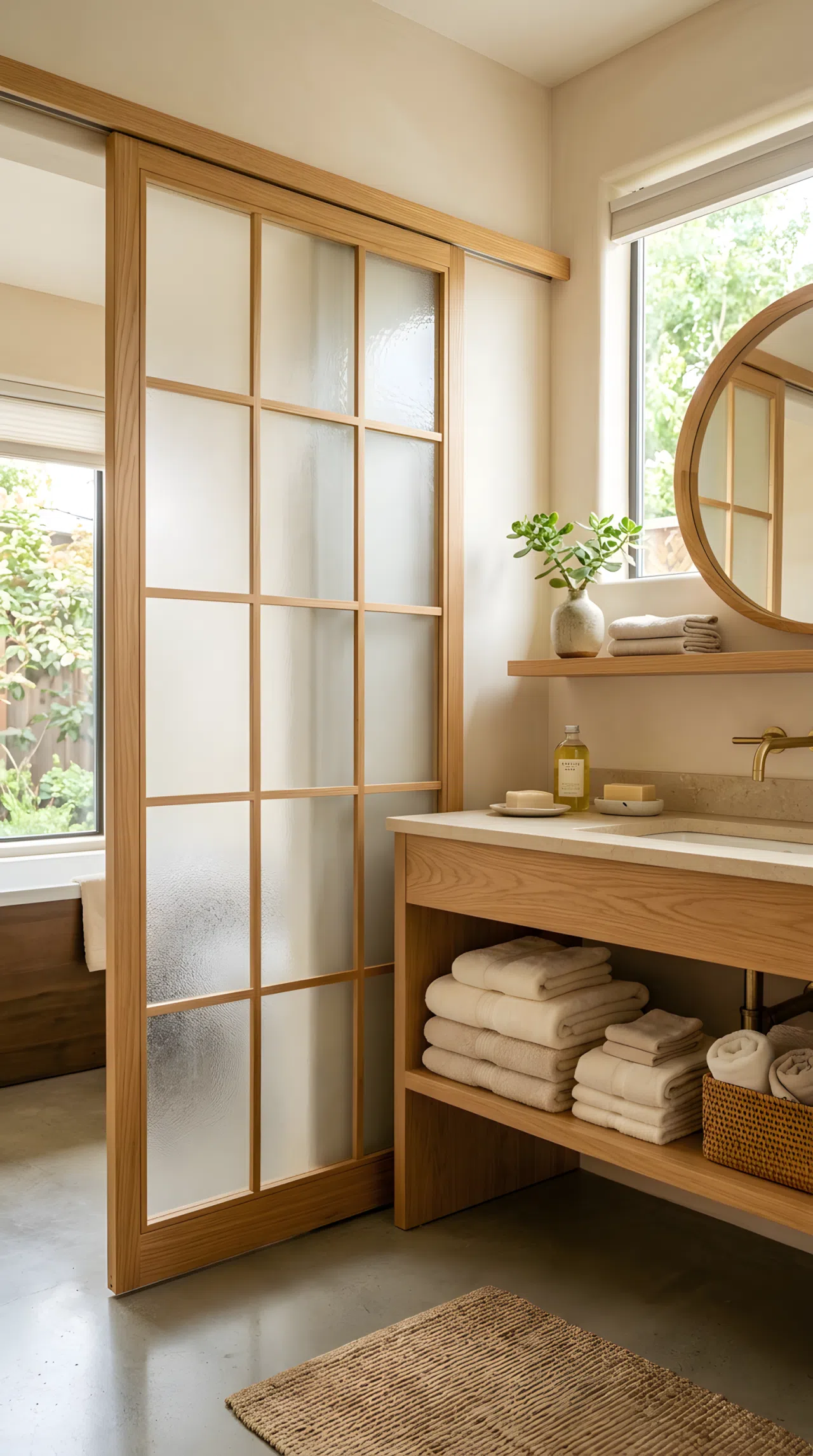 A bathroom with a sliding shoji-style door made of frosted glass and light oak wood strips, neatly made towels nearby, beautifully arranged minimal shelf, organized clean space, bright natural light, real-life photography, vibrant natural tones.