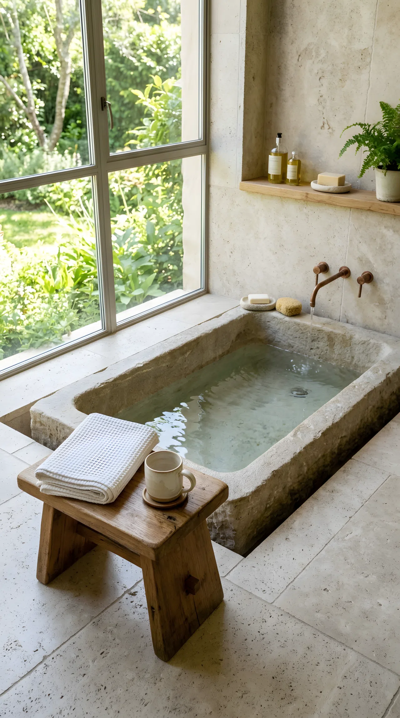 A sunken stone bathtub built slightly below floor level, surrounded by matching light stone tile, a low wooden stool beside it holding a folded towel and a ceramic cup, neatly made, beautifully arranged, organized clean space, bright natural light, real-life photography, vibrant natural tones.