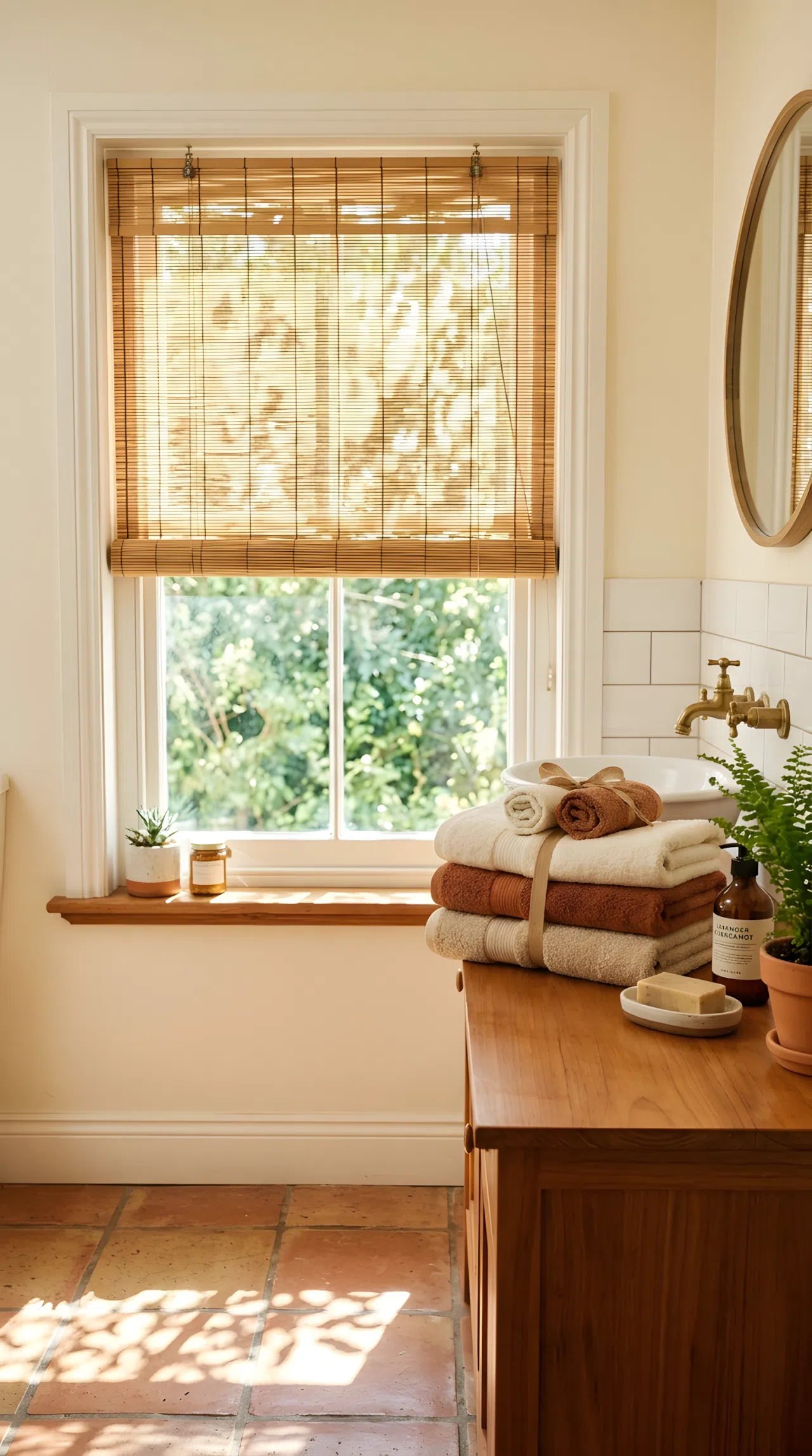 A bathroom window fitted with natural bamboo blinds half-lowered, soft dappled sunlight filtering through onto the floor, neatly made towels folded nearby, beautifully arranged, organized clean space, bright natural light, real-life photography, vibrant warm tones.