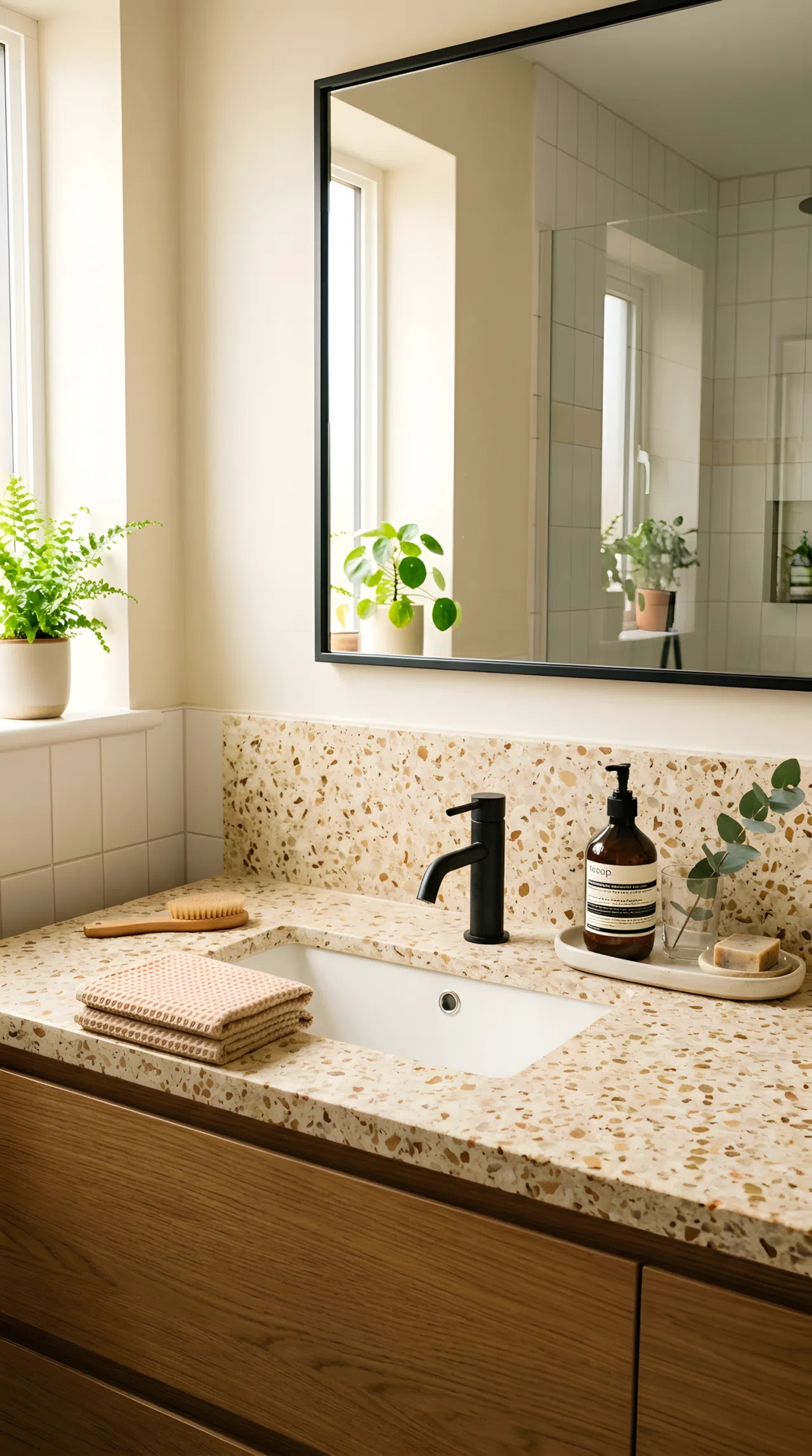 A bathroom vanity with a warm terrazzo stone countertop flecked with beige and cream chips, one small ceramic tray, single matte faucet, neatly made towel nearby, beautifully arranged, organized clean surface, bright natural light, real-life photography, vibrant tones.