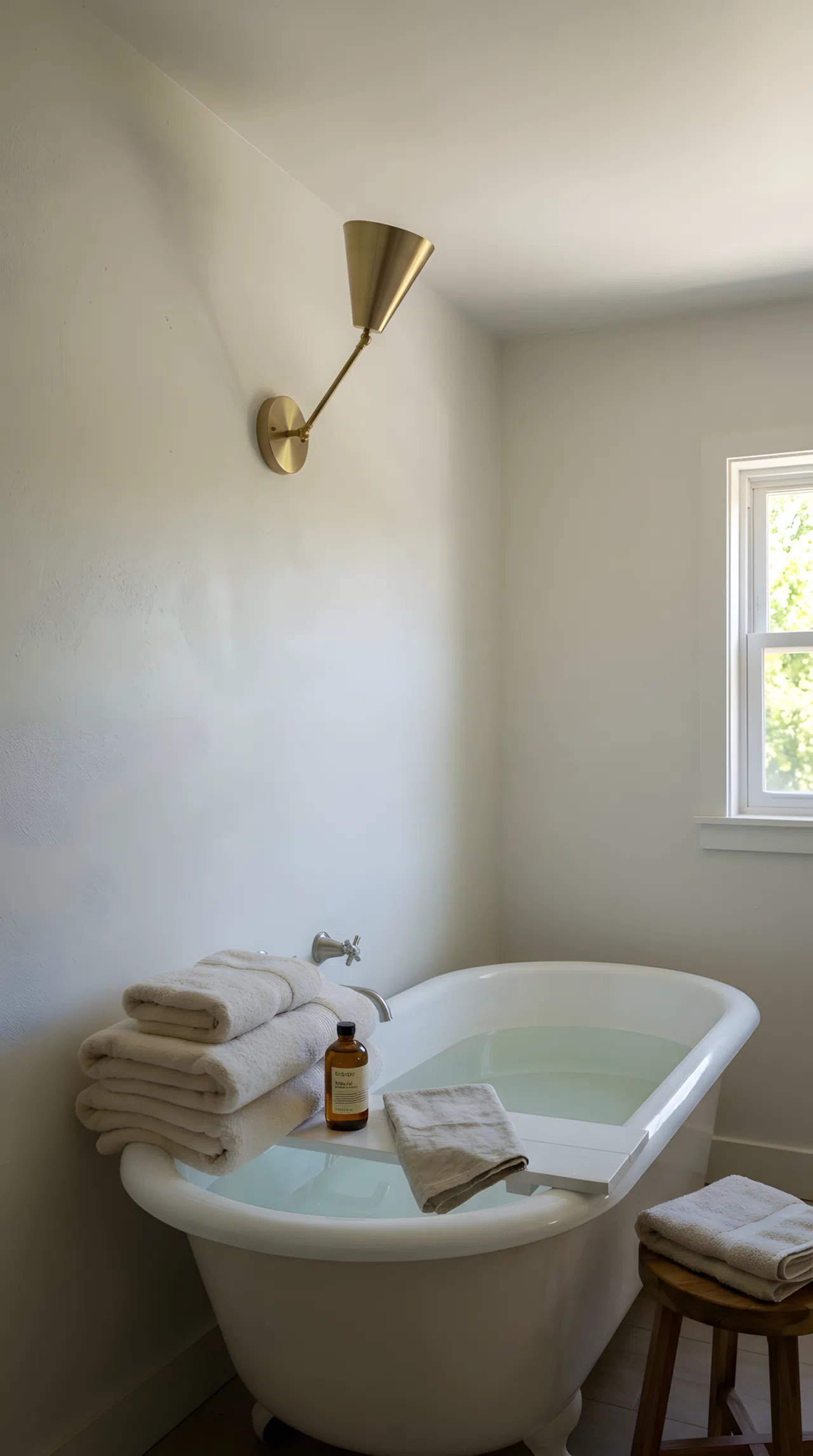 A bathroom with light bounced softly off the ceiling from an angled wall fixture, warm dim glow filling the room in the evening, neatly made towels, beautifully arranged bathtub edge, organized clean space, bright natural light contrast during daytime version, real-life photography, vibrant warm tones.