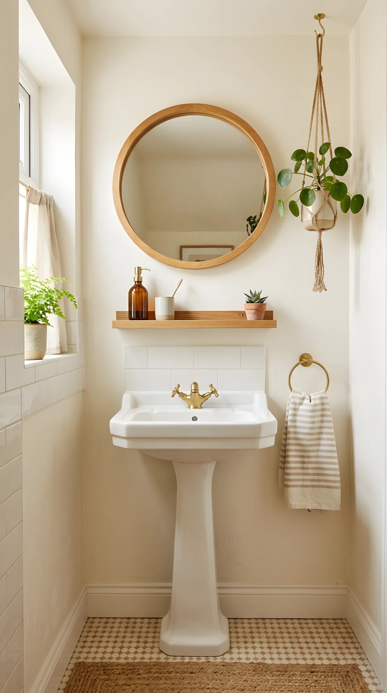 A tiny powder room with a round wood-framed mirror above a pedestal sink, one small hanging plant, neatly made hand towel, beautifully arranged, organized clean space, bright natural light, real-life photography, vibrant natural tones.
