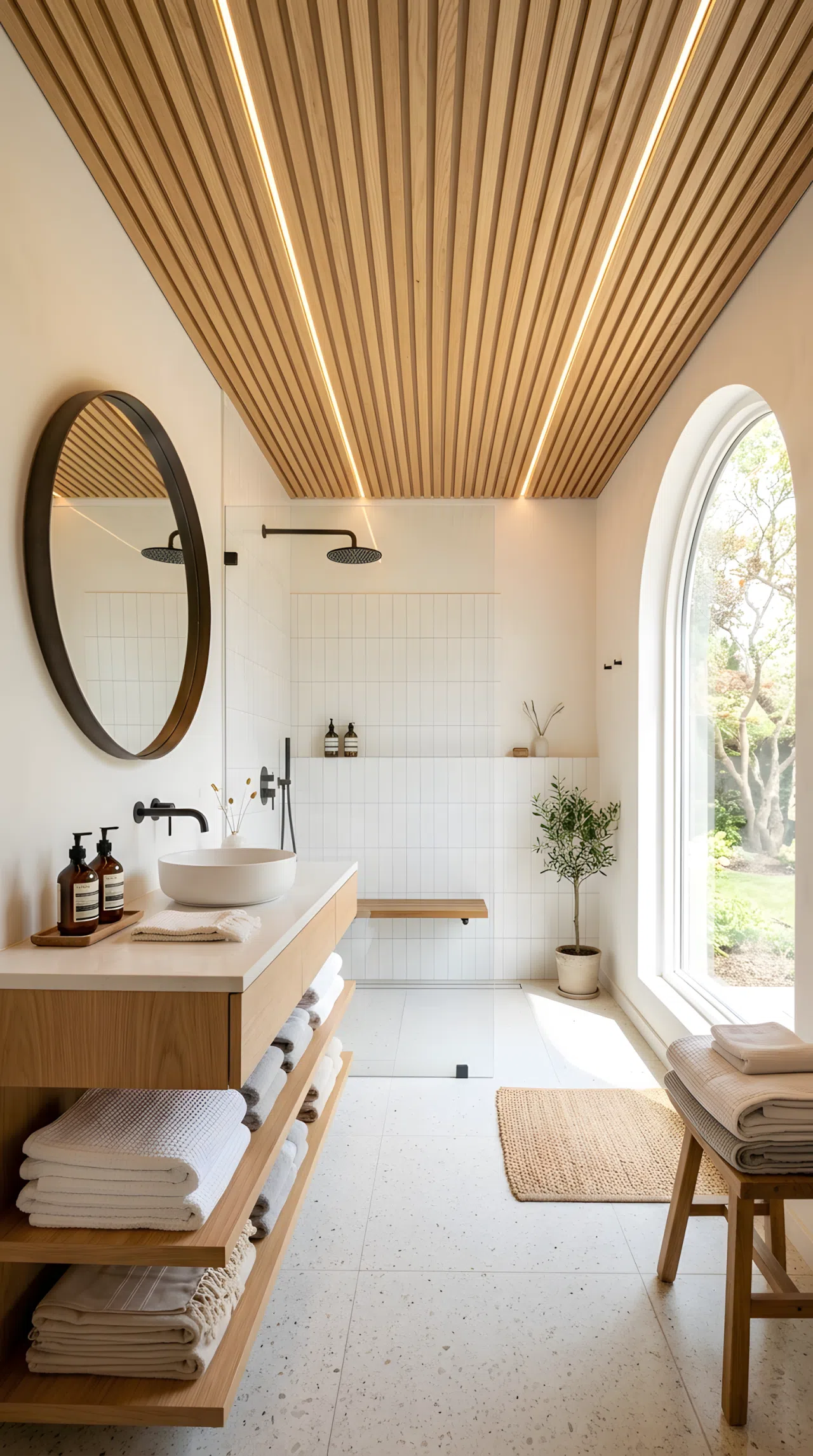 A bathroom with a slatted light oak wood ceiling, recessed lighting tucked between slats, clean organized space below, neatly made towels, beautifully arranged, bright natural light, real-life photography, vibrant natural tones.