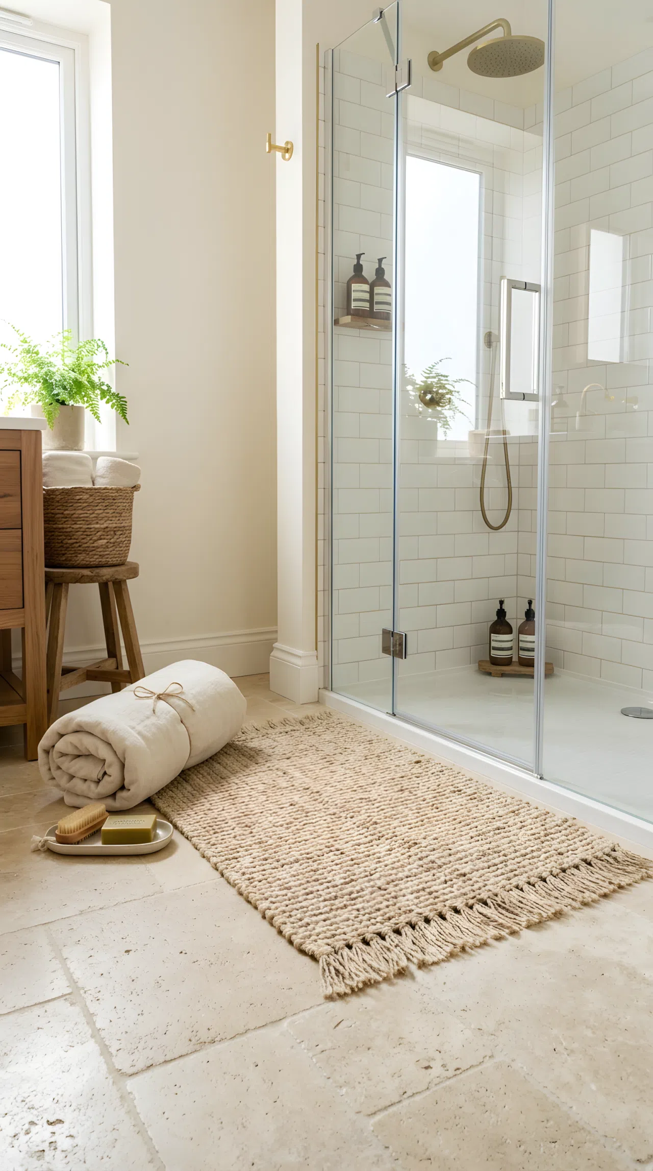 A thick woven natural fiber bath mat on a light stone floor beside a shower, neatly made rolled towel nearby, beautifully arranged, organized clean space, bright natural light, real-life photography, vibrant natural tones.