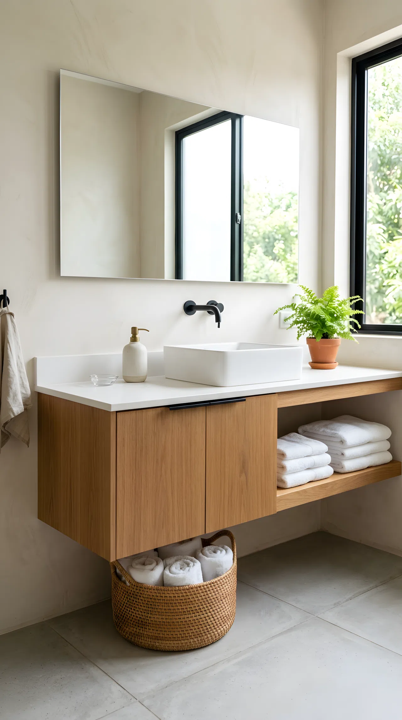 A minimalist bathroom with a floating wood vanity, closed cabinet doors, empty clean countertop, one simple ceramic soap dispenser, neatly made white towels folded on an open shelf, woven basket underneath, beautifully arranged, organized, bright natural light, real-life photography, vibrant natural tones.