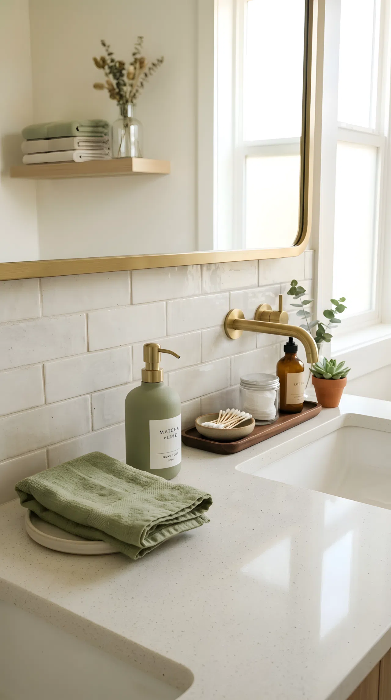 A neutral bathroom counter with one muted matcha green hand towel (RGB 168, 178, 142) and a matching soap bottle, clean organized surface, neatly made, beautifully arranged, bright natural light, real-life photography, vibrant tones.