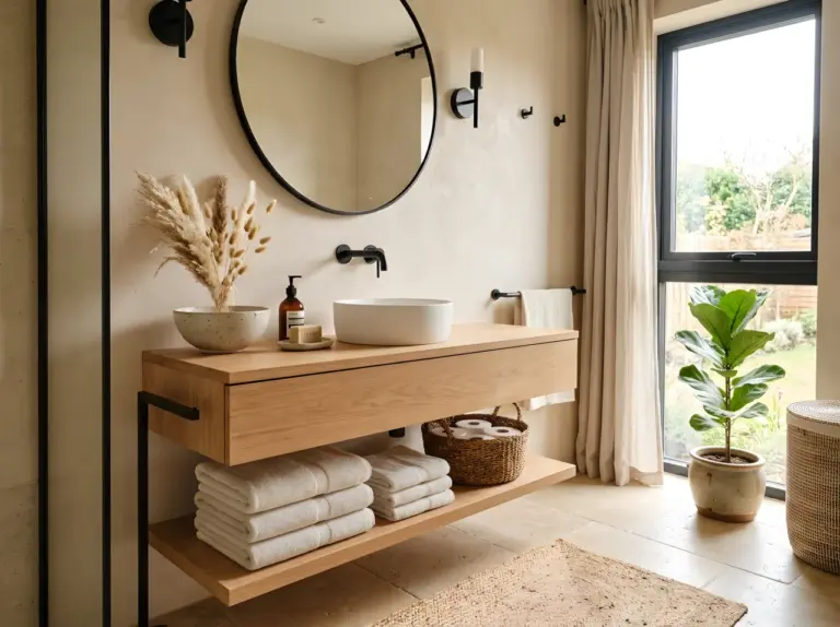A bright, real-life Japandi bathroom overview shot featuring a floating wood vanity, matte black fixtures, soft beige textured plaster wall, one small ceramic bowl with dried pampas grass, a neatly folded stack of towels, a woven bath mat on a warm stone floor, and a single potted plant in the corner, beautifully arranged, organized, clean, bright natural light streaming in from a nearby window, Pinterest-ready styling, vibrant warm natural tones, real-life photography, not a 3D render or illustration.