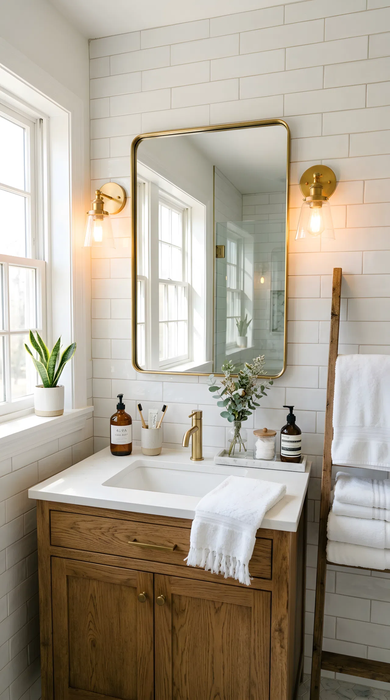 A bright bathroom mirror flanked by two warm wall sconces at eye level, soft even light falling across the vanity, sunlight streaming in from a nearby window, neatly made towels, beautifully arranged toiletries, clean organized counter, real-life photography, vibrant natural light.