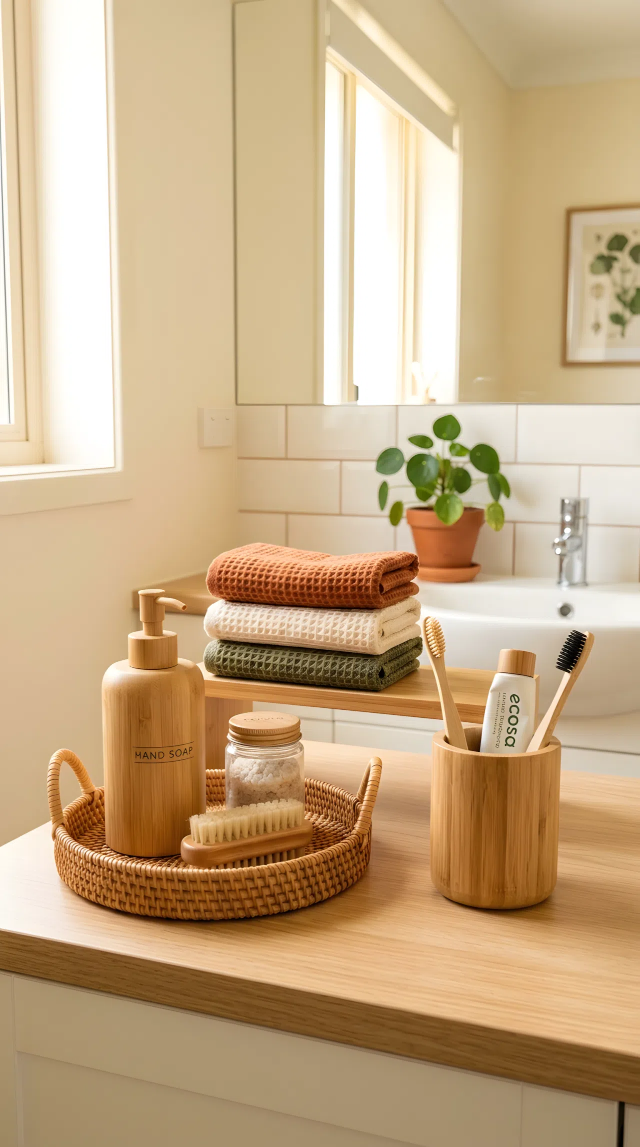 A budget-friendly bathroom counter with bamboo soap dispenser, rattan tray, and wooden toothbrush holder, neatly made small towels, beautifully arranged, organized clean surface, bright natural light, real-life photography style, vibrant warm tones.