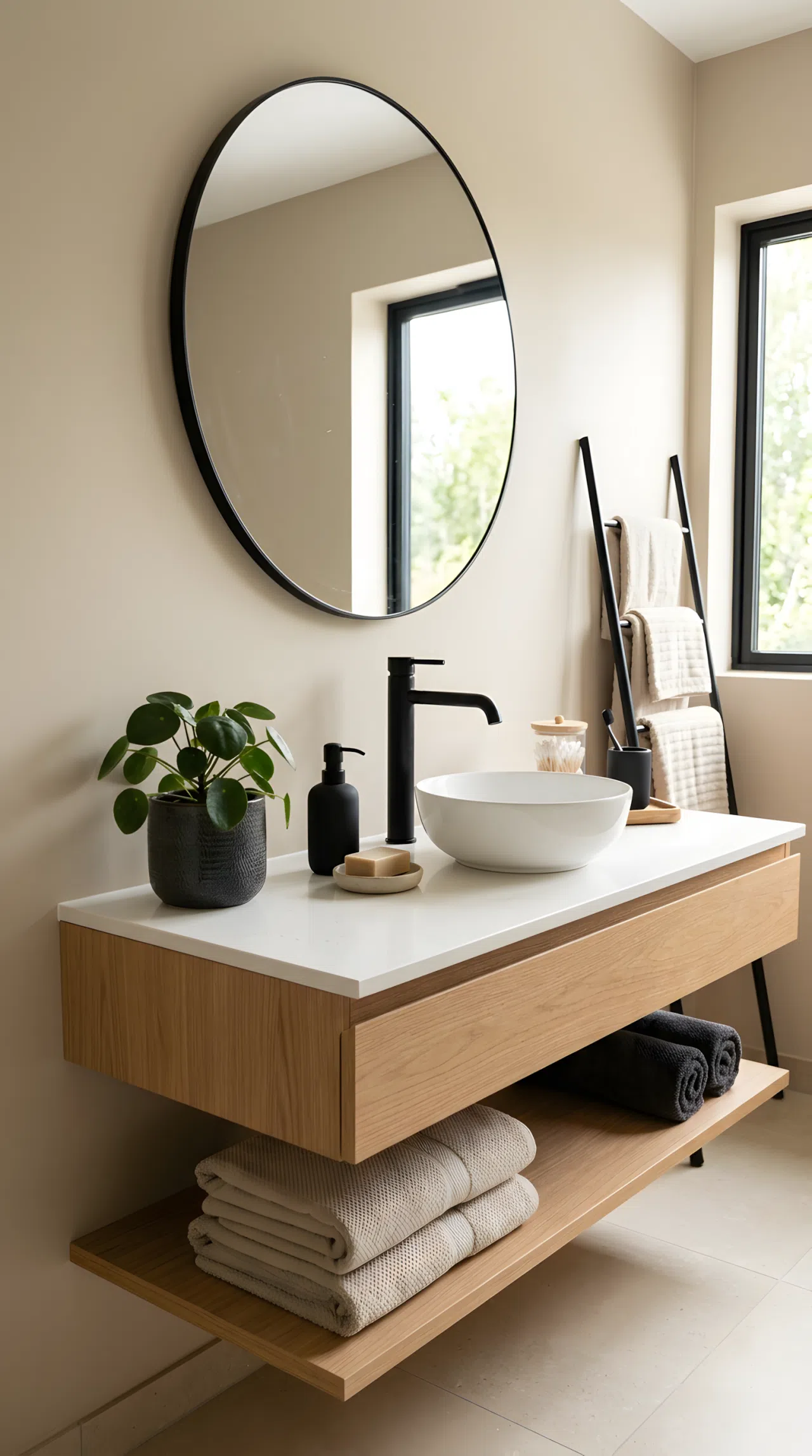 A serene bathroom with soft beige walls (RGB 222, 205, 182), matte black faucet and hardware (RGB 28, 28, 30), a small dark green potted plant, neatly made beige towels, beautifully arranged, organized clean counter, bright natural light, real-life photography, vibrant tones.
