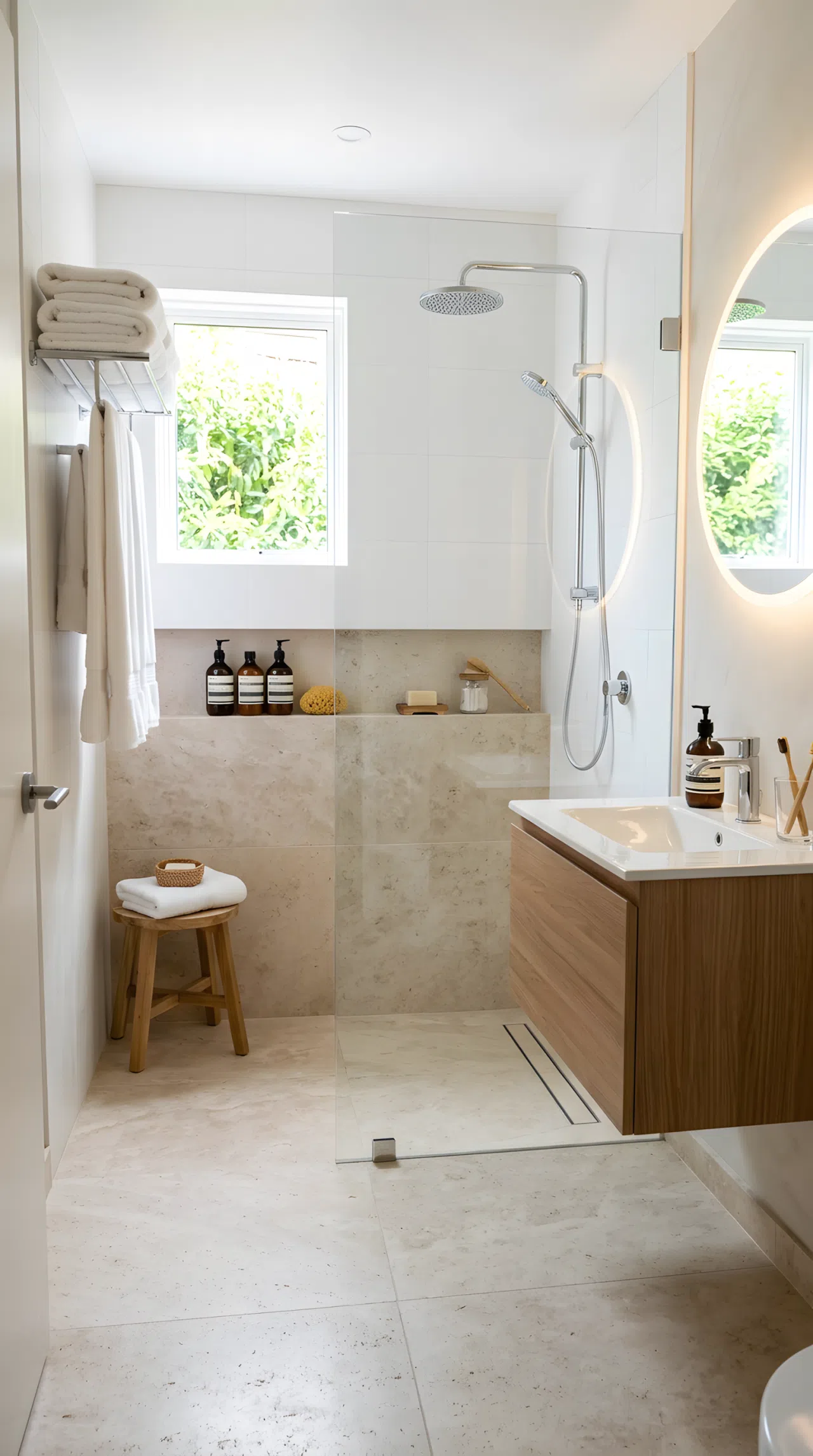 A small bathroom with a frameless glass shower divider, matching light stone floor tile running seamlessly through the room, neatly made towels, beautifully arranged shower shelf, organized clean layout, bright natural light, real-life photography, vibrant natural tones.