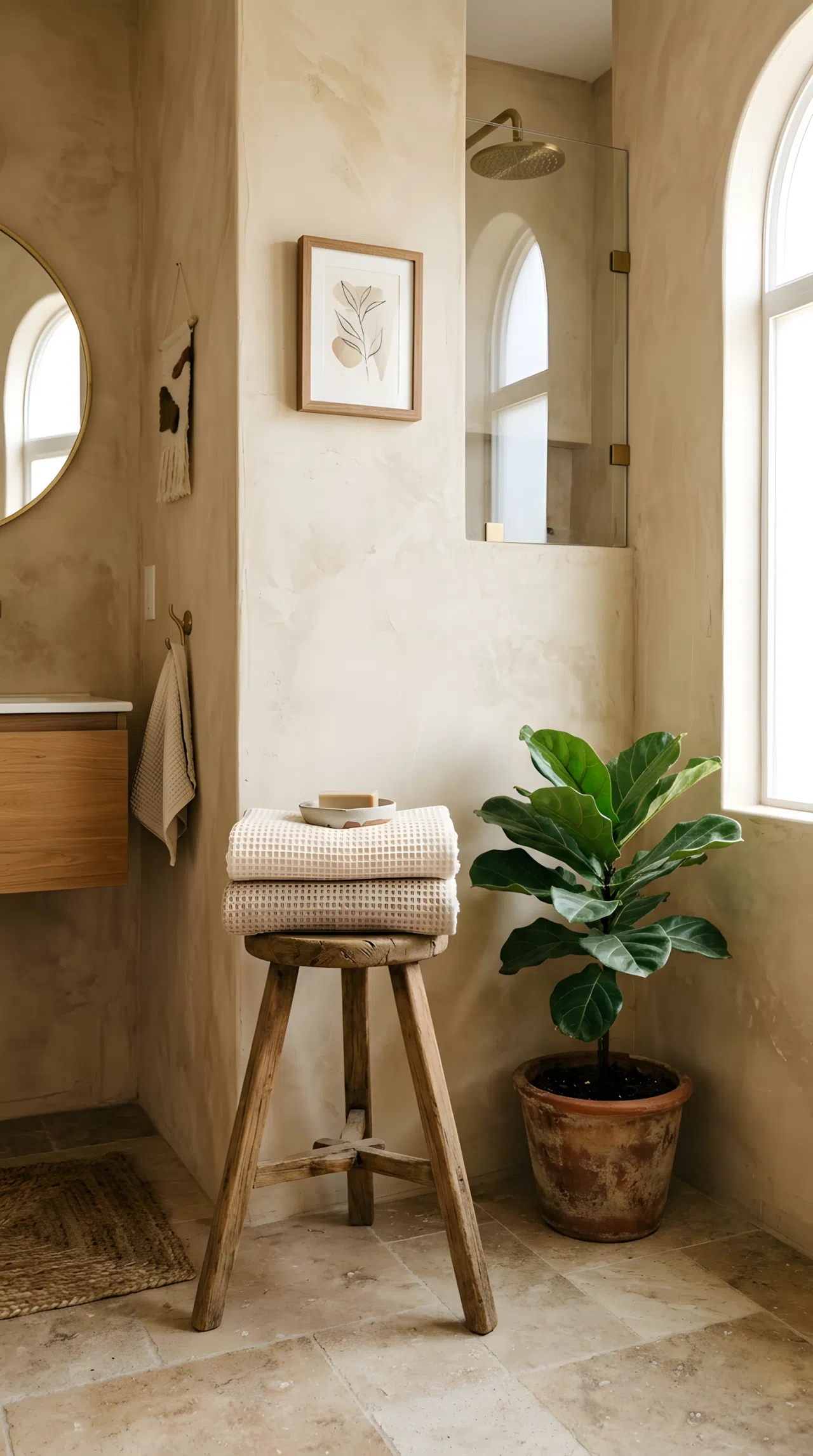 A bathroom with textured warm beige lime plaster walls, one small wooden stool, a single potted plant in the corner, neatly made towel on the stool, beautifully arranged minimal decor, organized clean space, bright natural light, real-life photography, vibrant earthy tones.