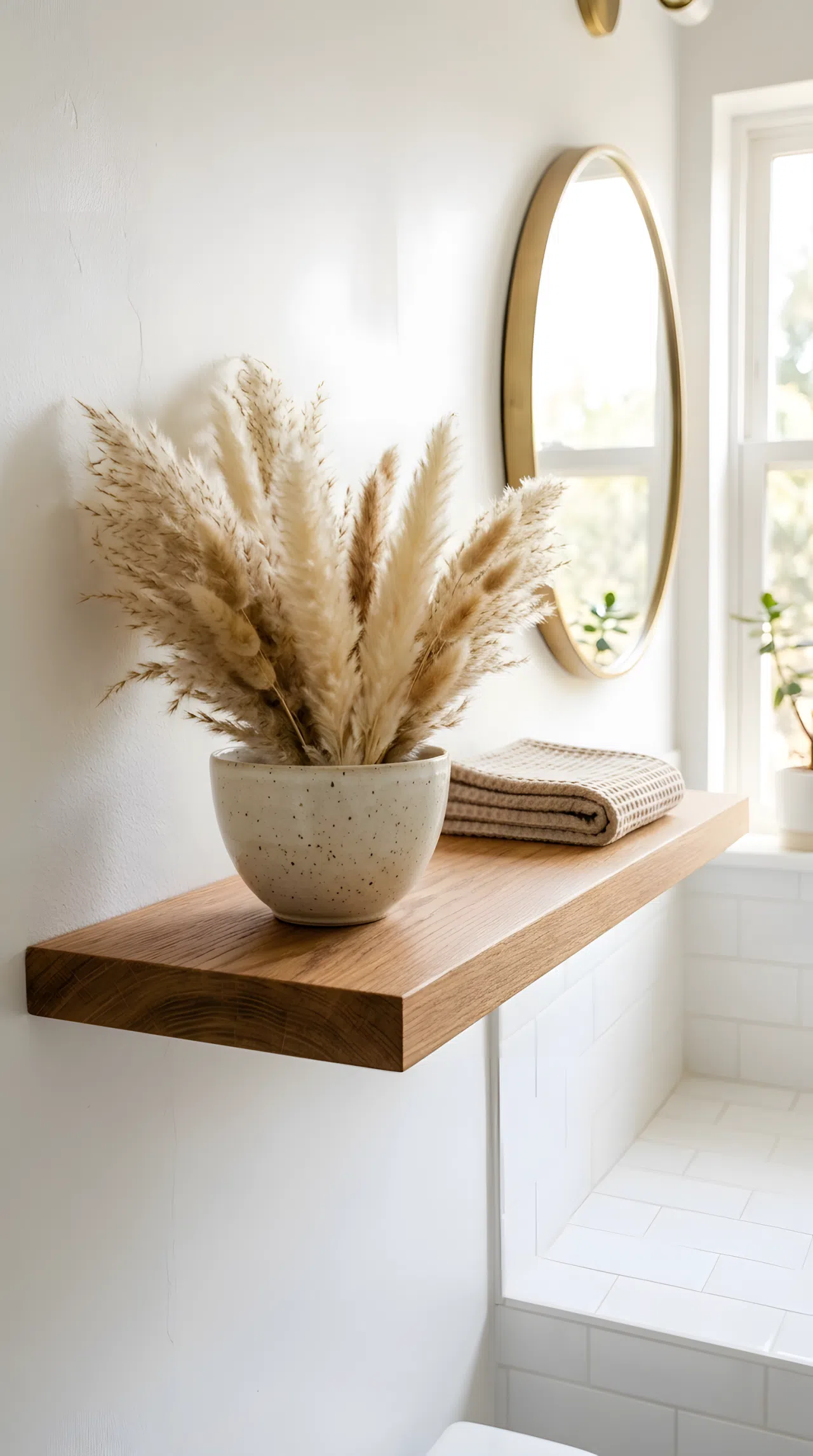 A minimalist bathroom shelf with one ceramic bowl holding dried pampas grass, empty clean surrounding surface, neatly made folded towel nearby, beautifully arranged, organized simple decor, bright natural light, real-life photography, vibrant warm tones.