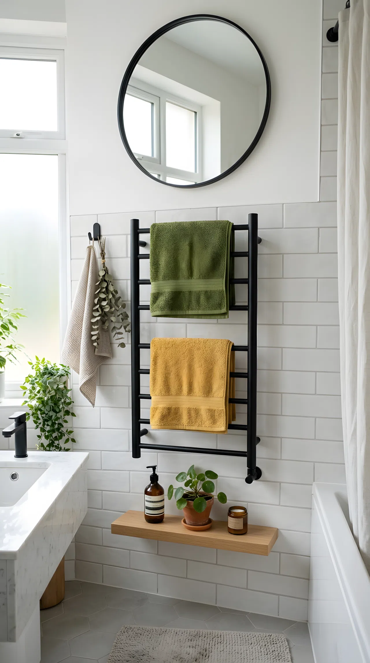 A bathroom wall with a slim matte black heated towel ladder holding two neatly folded towels, clean organized wall space, beautifully arranged, bright natural light, real-life photography, vibrant tones.