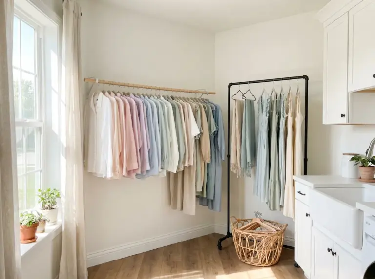 Real-life photograph of a bright, clean laundry room styled as a hanging storage showcase, a wall-mounted rod and a corner hanging rack both neatly holding a mix of shirts, dresses, and delicate garments, beautifully arranged and organized in soft coordinating colors, wicker basket with spare hangers tucked beneath, bright natural light streaming through a nearby window, vibrant fabric tones, wide-angle composition suitable for a blog featured image, realistic stock photography style, no illustration, no 3D render.