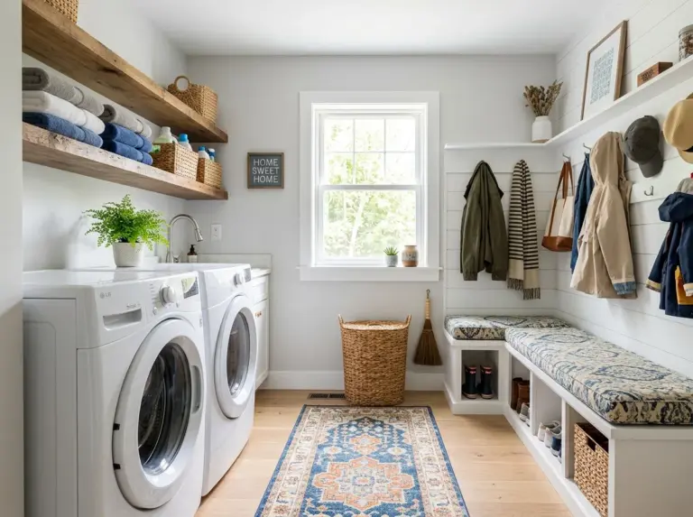 Real-life photo of one bright, organized room combining a laundry and mudroom function, a white washer and dryer on one side with folded towels stacked neatly on an open shelf above, a cushioned boot bench with open cubbies holding a few pairs of shoes and hung coats on the other side, a small runner rug tying both zones together, bright natural light streaming through a window between the two areas, beautifully arranged, clean and organized, vibrant colors, wide horizontal composition suited for a featured blog image, shot in stock photography style, no illustration.