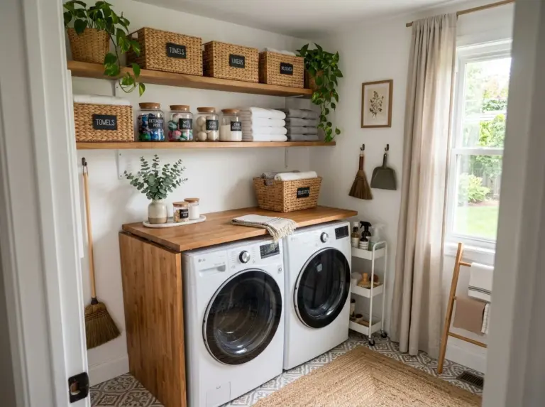 Real-life photo, wide-angle view of a small but beautifully organized laundry room, open wooden shelving with neatly arranged woven baskets, labeled clear bins, folded towels, and a rolling cart tucked beside the washer and dryer, bright natural light streaming in from a nearby window and falling softly across the folding counter, clean white and wood tones with vibrant accent colors from baskets and jars, beautifully arranged, neatly made, organized and clutter-free, Pinterest-style realistic home photography, no people.
