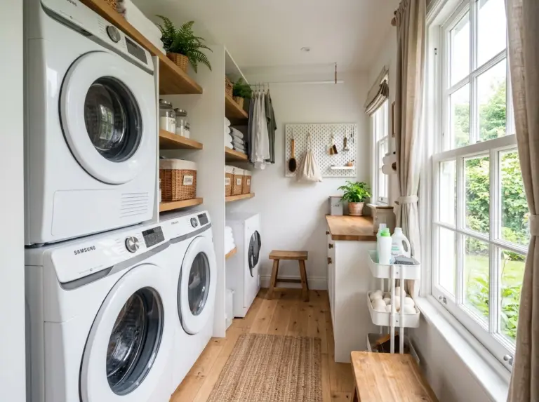 A real-life photo of a narrow laundry room fully organized, featuring a stacked washer and dryer, open wooden shelves with neatly folded towels, woven baskets, and a slim rolling cart beside it, neatly made, beautifully arranged, organized, clean, bright natural light streaming in from a nearby window, vibrant colors, cozy and inviting atmosphere, realistic stock photo style, no illustration, no 3D render, wide shot showing the full narrow layout.