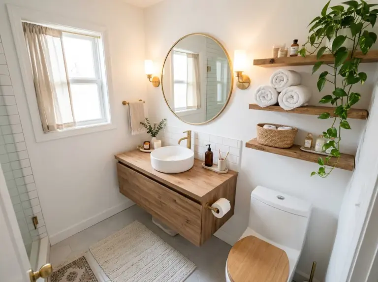 Real-life photo of a small bathroom overview shot showing a floating vanity, open shelving with neatly rolled towels, a round mirror with warm side lighting, and a small trailing plant, everything neatly made, beautifully arranged, organized, clean, bright natural light streaming in from a window, vibrant soft white and warm wood tones, shot like a stock photograph, no illustration, no 3D render, Pinterest-ready composition with the whole room visible.